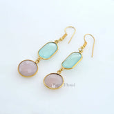 Chalcedony Round, Oval Gemstone Drop Earrings, Gold Plated 925 Sterling Silver Earrings, Vintage Earring, Anniversary Gift Earring Jewelry